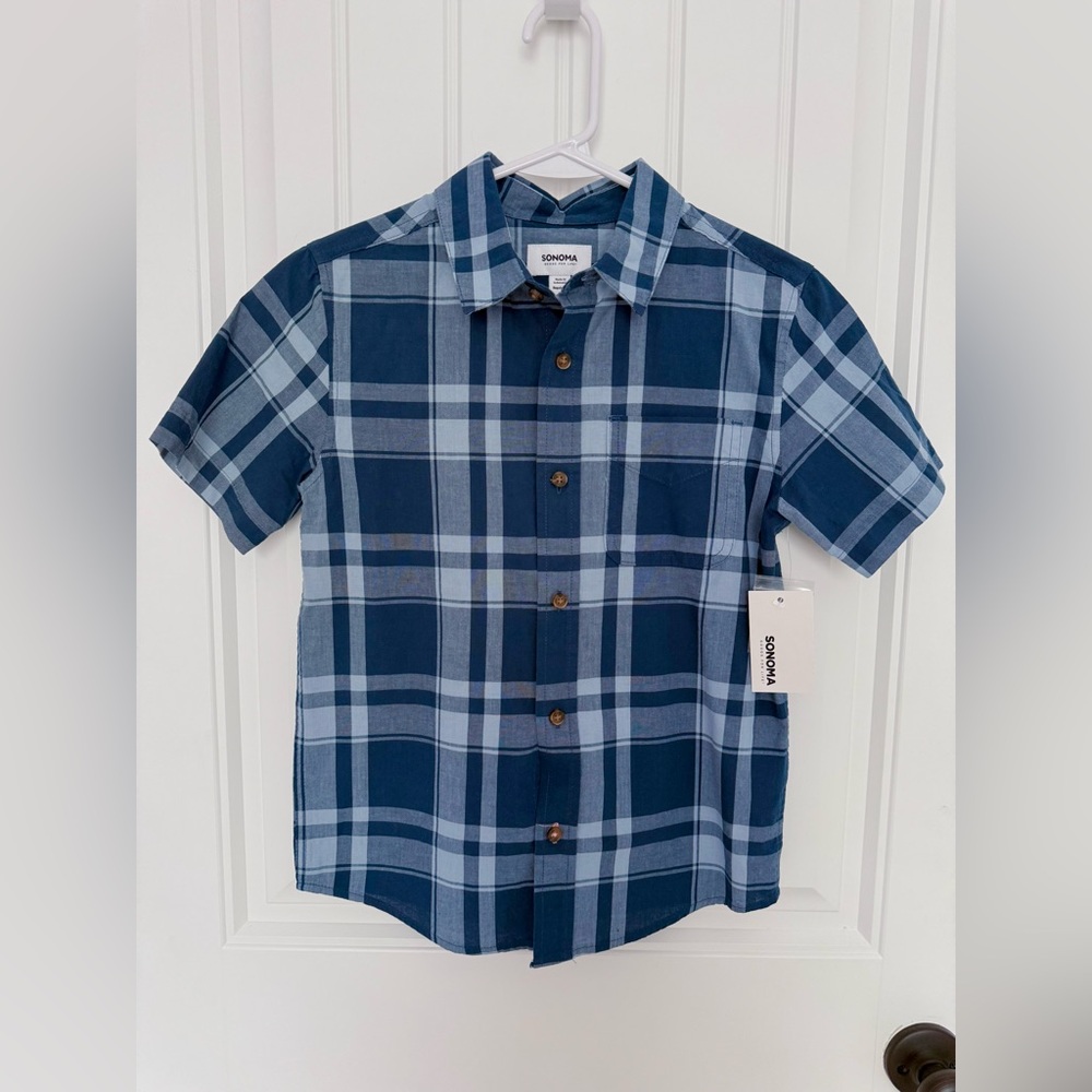 NWT Sonoma Navy and Light Blue Plaid Button Shirt